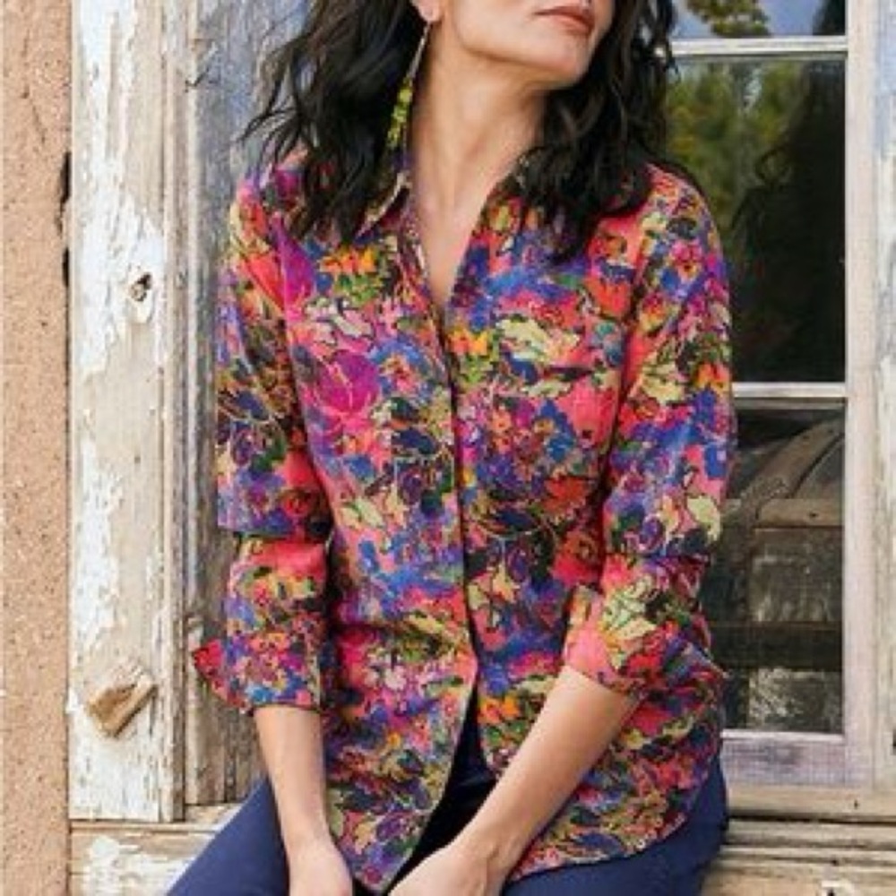 Peruvian Connection multi color abstract print long sleeve button-down shirt